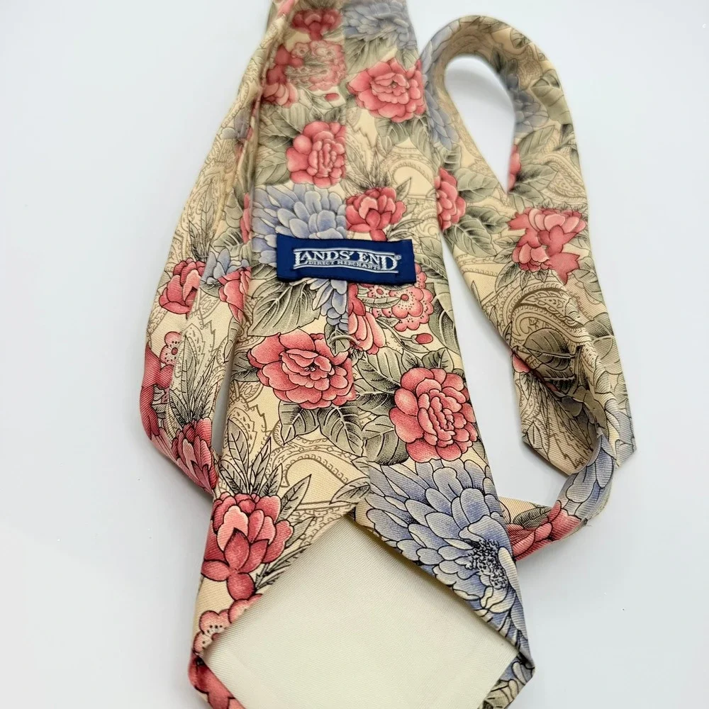 Vintage Lands' End Necktie Men's Cream Floral Silk Hand Sewn 58L